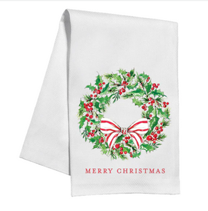 Kitchen Towel-Merry Christmas Holly Wreath